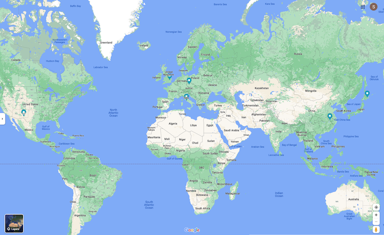 Globe with our vacation spots mapped out.