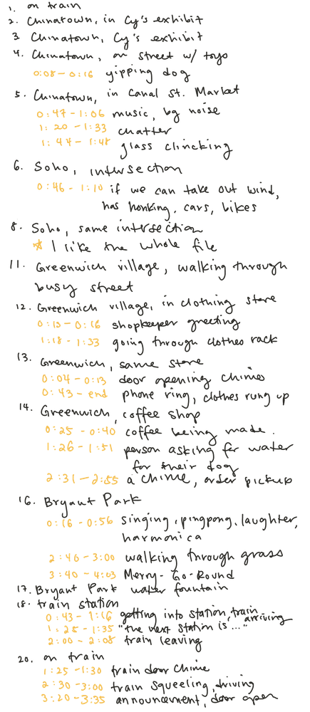 Notes on what times were interesting for each recording.